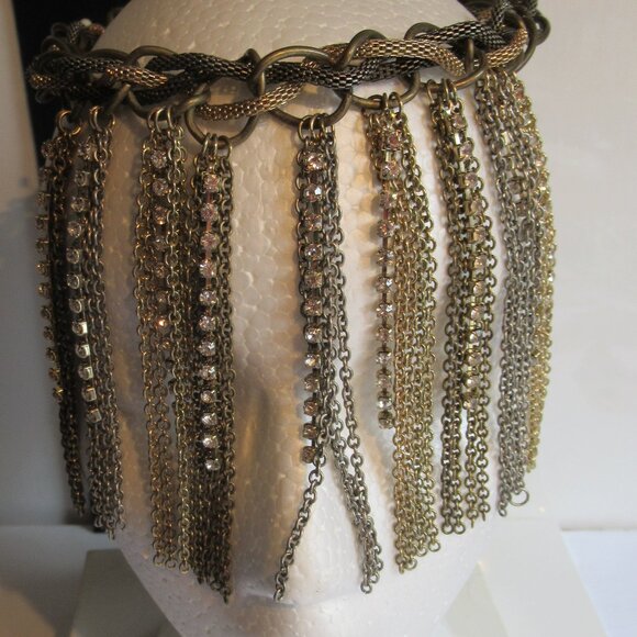 Steampunk, Chain & Crystal Choker, Gold, Silver, Bronze, Pewter, Rope, Link, Vtg - Picture 2 of 10